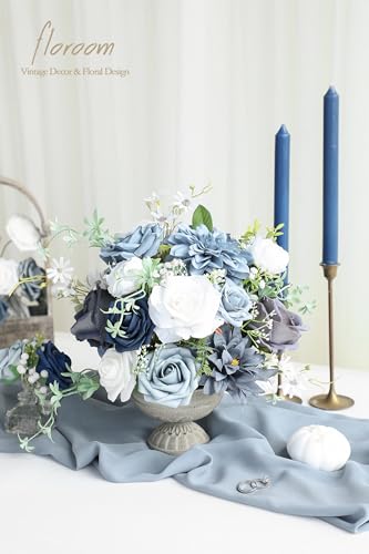 Floroom Dusty Blue Navy Artificial Flowers Fake Roses Peonies Dahlias and Greenery Combo Box Set for DIY Wedding Bouquets Bridal Shower Centerpieces Floral Arrangements Party Tables Home Decorations - color: Serene Dusty Blue