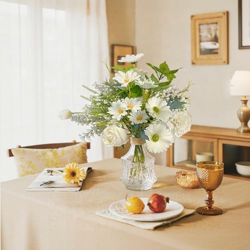 Daily Treasures Artificial Flowers with Vase, Large Mixed White Bouquet Realistic Fake Flowers, Glass Vase Included, Faux Floral Arrangement with Allium Rose Chrysanthemum Daisy for Home Decor