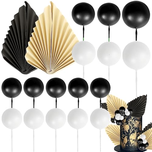 28 Pack Balls Cake Toppers, Palm Leaves Cake Decorations, Foam Balls Paper Palm Leaf Cake Insert Toppers Decorations for Birthday Wedding Baby Shower Party Decorations Black White - color: Black White