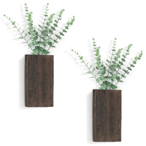 Dahey 2 Pack Wood Wall Planter Vase with Artificial Eucalyptus Farmhouse Wall Hanging Decor Pocket Planter for Indoor Fake Plants Greenery, Living Room Bedroom Kitchen Home Office Decoration - color: Brown
