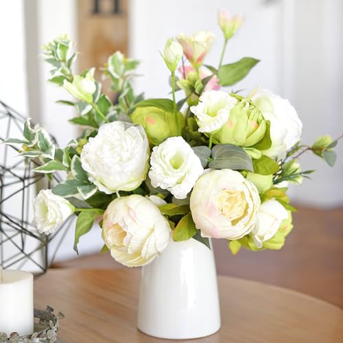 FiveSeasonStuff Artificial Peony Bouquets, 2 Cream Beige & Moss Green Silk Flower Bundles for Wedding Centerpieces & Home Decor – Vintage Peonies - color: Mixed Beige and Green