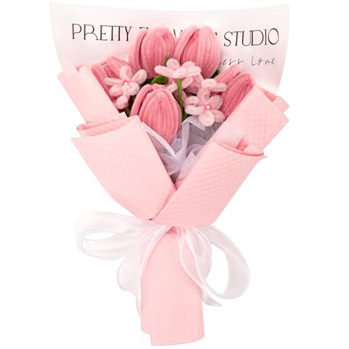 Completed Pipe Cleaners Tulip Flowers Bouquet, Pink Handmade Pipe Cleaners Bouquet, 5 Tulip 10 Daisy 15 PCS for Christmas Mother's Day Birthday Wedding Home Decor Gifts for Mom - color: Pink