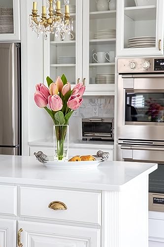 Briful Fake Flowers Artificial Tulip Flower in Clear Vase, Greenish Pink Real Touch EVA Tulip Arrangement Suitable for Home Office Autumn Decoration, Dining Table Centerpiece - color: Greenish Pink