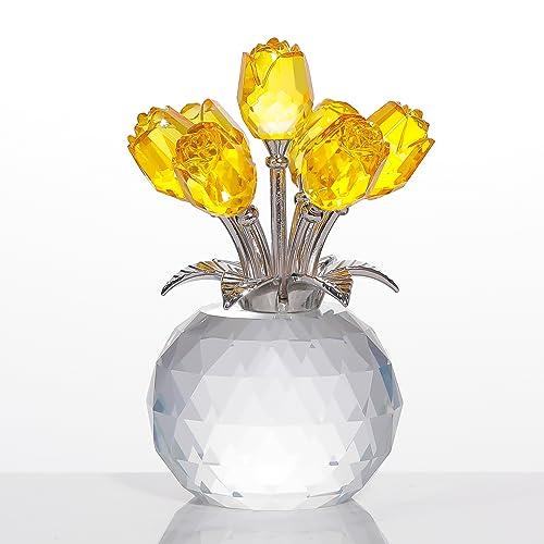 Yellow Rose Flower Crystal Figurine with Vase, Bouquet Flowers Ornament Gifts for Wife Girlfriend Women , Handmade Crystal Flower Collectible Home Table Decor for Valentine's Day Wedding Anniversary - color: Yellow-crystal Rose