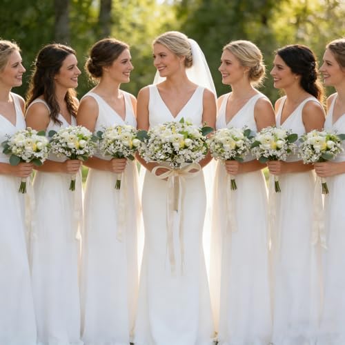 Artificial Bridesmaid Bouquets Set of 6 - Ivory White 9 Inch Flower Bouquet for Wedding Party Ceremony Dinning Table Centerpieces Decor Faux (Sweetheart Rose & Babys Breath & Ribbon) - color: Sweetheart Rose