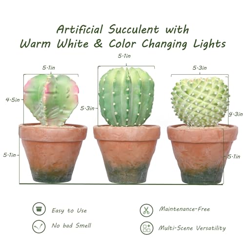 bellacat Fake Succulents with Warm White & Color Changing Lights, 9.3in Lifelike Artificial Succulent Plants, Faux Succulents Light Up Plants for Desk Shelf Living Room Bedroom Decor, Set of 3 Shape - color: Succulent D-5.1in Pot