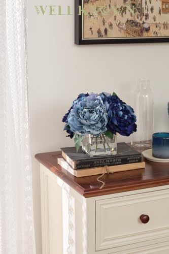 Artificial Peonies Flowers Arrangements in Cube Glass Vase, WELLKNOWN Silk Flower Centerpieces for Dining Room Table, Coffee Table Decor, Faux Peony Flowers with Faux Water (Bicolor Blue) - color: Bicolor Blue