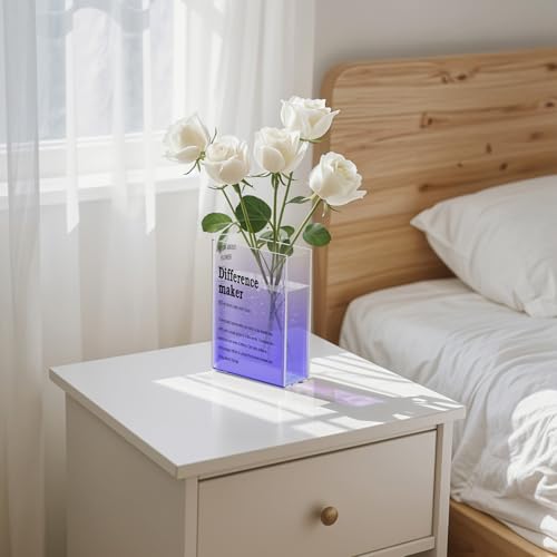 BuyCard Clear Acrylic Book Vase for Flowers, Transparent Flower Vase for Home Decor, Simplicity Bookshelf Decor, Unique Stuff for Book Lovers, Difference Maker, Gift to Motivate (Purple) - color: Gradient Purple