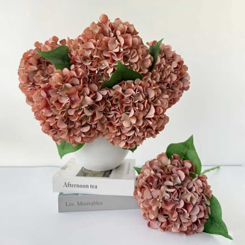 ZYTUYO 5 Pcs Orange Coffee Silk Hydrangeas Artificial Flower Boho Dried Touch 20'' Faux Hydrangeas for Indoor Home Decor Kitchen Living Room Outdoor Porch Wedding Flower Arrangement - color: Orange Coffee