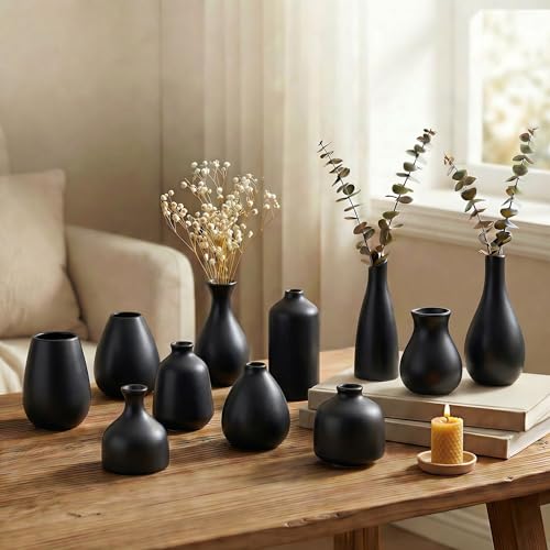 Black Bud Vases, Small Ceramic Vase Set of 11, Mini Pottery Vases for Flowers, Minimalist Boho Small Pampas Grass Flower Vase for Farmhouse Home Decor, Wedding Centerpiece, Shelf and Table Decoration - color: Black – 11-piece Set