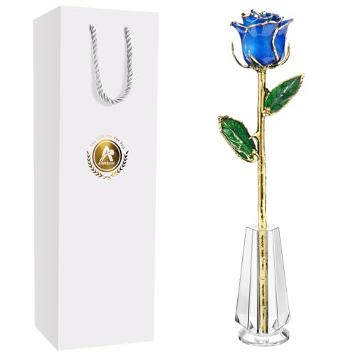 AliveRose Dipped 24k Gold Rose, 24K Gold Rose Made from Real Rose - Unique Design 24K Dipped Rose for Anniversary Valentines Mothers Day Birthday Gifts (Blue Original Rose with Crystal Vase) - color: 2. Blue Original Rose With Crystal Vase