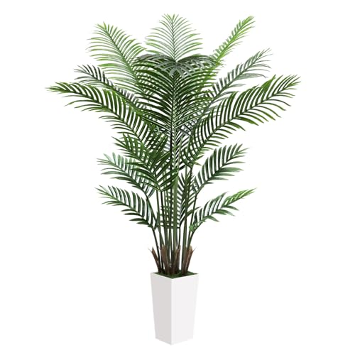 Artificial Palm Tree 6FT – Lifelike Fake Areca Palm Tree with White Tall Planter – Faux Indoor Tropical Floor Plant for Living Room Decor - color: White, size: 6ft