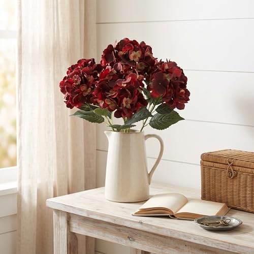 Larksilk Burgundy Hydrangea Artificial Flowers, Outdoor UV Resistant 6 Pack | Faux hydrangea flowers and fake hydrangeas, real-touch silk; UV-resistant artificial flowers for outdoor porch, patio, garden - color: Burgundy, size: Pack of 6