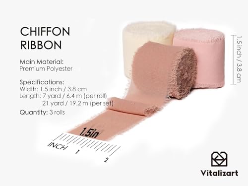 Vitalizart Pink Handmade Chiffon Silk Ribbon Fringe 1.5" x 21 Yd Blush Pink & White Frayed Edges Ribbons for Wedding Invitations Bridal Bouquets Gifts Wrapping Crafts Holiday Party Decorations - color: Cream & Pink