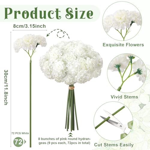 72 Pcs White Hydrangea Artificial Flowers, Round Floral Bouquet for Home Decor, Wedding, Party, and Seasonal Decoration, Realistic Fake Flowers for Centerpieces, Aisle, Table Arrangements - color: White