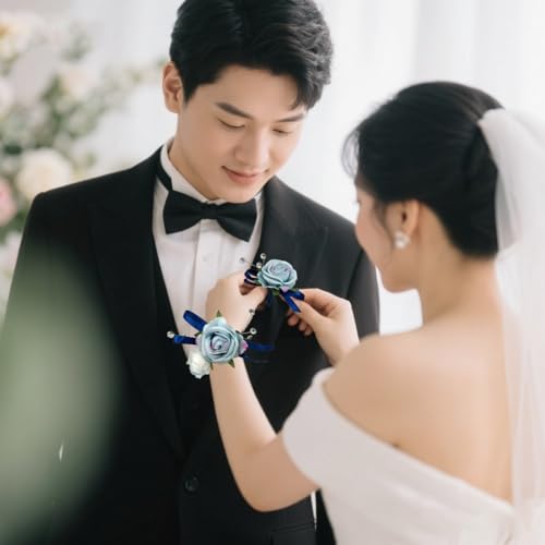 Blue Corsage and Boutonniere Set for Bride Groom, Artificial Rose Flowers Wrist Corsage Bracelets Homecoming Flower Prom Suit Accessories Boutonniere for Wedding Prom Party Decorations - color: Blue