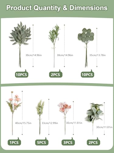 Artificial Greenery Stems Box Set, 33pcs with 7 Kinds of Faux Greenery Picks for DIY Bridal Bouquets Wedding Floral Arrangement Table Centerpieces(Green & Pink) - color: Green & Pink