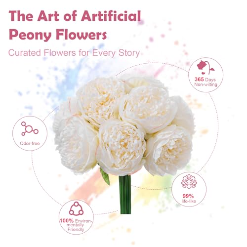 10PCS Off White Realistic Silk Peonies Bouquet, Waterproof & UV Resistant Faux Peony Flowers, All-Weather Artificial Stems for Outdoor, Grave, Wedding Centerpiece & Home Decor - color: Off White