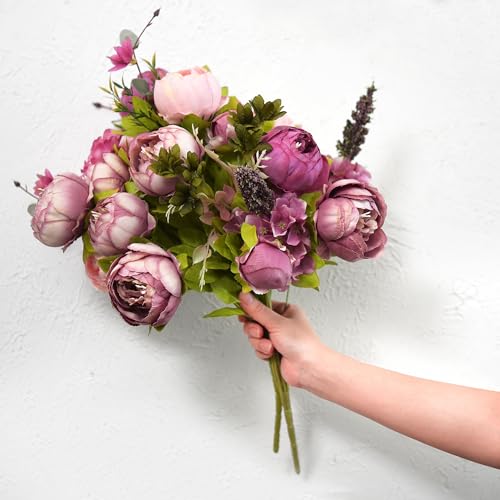 FiveSeasonStuff Soft Peach Pink and Magenta Red Vintage Artificial Peonies Silk Flowers and Hydrangeas for Wedding Bridal Home Decor – Beautiful Floral Centerpiece Bouquet (Celestial Beauty) - color: Celestial Beauty (Soft Peach Pink and Magenta Red)