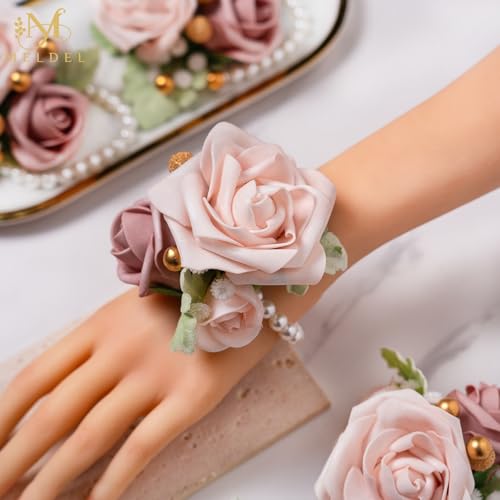 6Pcs Dusty Pink Faux Foam Rose Corsages for Women Wedding 6Pcs | Artificial Foam Rose Corsages Wristlet for Wedding Prom Bride Bridesmaids Homecoming Party Ceremony Anniversary - color: 6pcs Champagne Pink Wrist Corsage