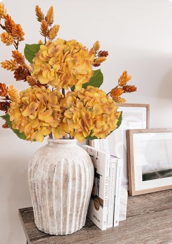 Hollyone 3Pcs Yellow Hydrangea Artificial Flowers Faux Dried Touch Hydrangeas Silk Flowers with Stems Fake Fall Florals Flower for Home Wedding Table Centerpiece Vase Arrangements Fall Decorations - color: Yellow - Dried Hydrangea
