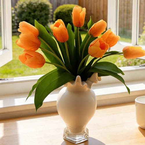 10 Stems Artificial Tulips Bouquet 14" Fake Tulips Flowers Realistic Faux Flowers for Wedding Home Party Decor Spring Decor Valentine's Day and Easter Decorations(Orange) - color: Orange