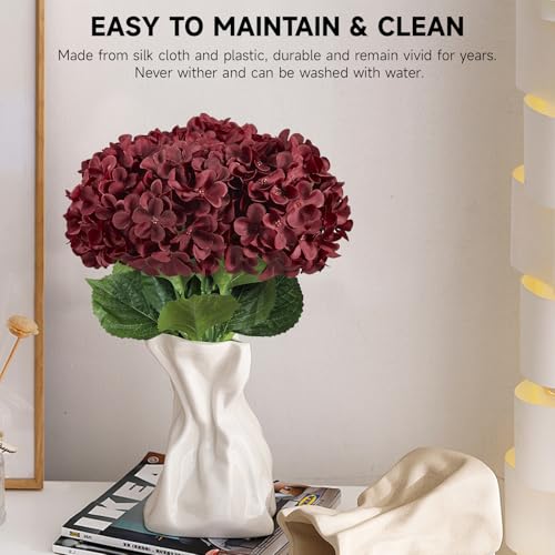6 PCS Artificial Hydrangea Flowers, Faux Silk Hydrangea with Long Stems, Home Wedding Decor, Table Centerpieces, Party Decorations (Dark Red) - color: Dark Red