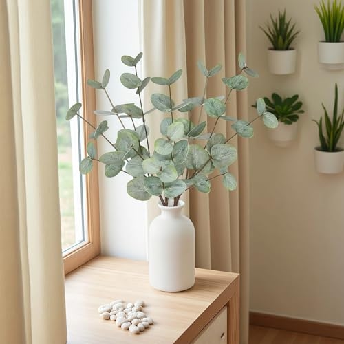 15" Artificial Eucalyptus Stems Potted Plant - Realistic Small Fake Desk Plants for Office Home Decor, Faux Plants in Frosted Ceramic Vase for Indoor Spaces, Wedding Centerpieces Table Decor（4pcs leaf - color: Eucalyptus Plant