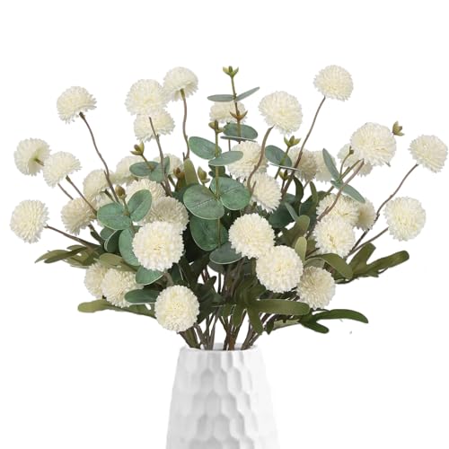 Fake Kiku Flowers,8 Stems Artificial Mum Flower with 3 Branches Eucalyptus Stems White Faux Flowers Silk Pom Pom Balls for Wedding Bouquet Home Office Party Floral Arrangements(White) - color: White