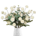 Fake Kiku Flowers,8 Stems Artificial Mum Flower with 3 Branches Eucalyptus Stems White Faux Flowers Silk Pom Pom Balls for Wedding Bouquet Home Office Party Floral Arrangements(White) - color: White