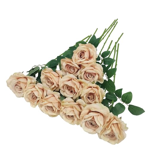 ATFL Fake Roses Artificial Flowers Bulk,Floral Diameter 4'',20 Pcs Artificial Silk Roses Flowers with Stems for Wedding Arrangement Centerpieces Party Home Table Decorations (20, Fall Champagne) - color: Fall Champagne