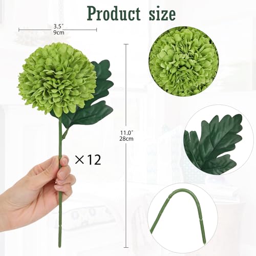 Briful 12 Pcs Artificial Green Chrysanthemum Stems – 11” Tall Silk Mums Flower Heads with Green Leaves, Flexible Stems for Fall Floral Pick Arrangements, Home, Wedding & Seasonal Decorations - color: 3.5'' Dia. 12pcs Green