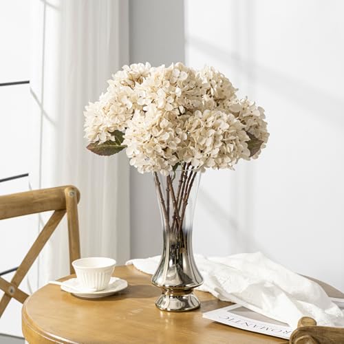 Artificial Flower Fake Silk Hydrangea Heads Bouquet with Stems Bulk for Fall Decoration Table Center Christmas Indoor Outdoor Faux Floral Realistic with Leaves Plants Crafts 8PCS(White) - color: White