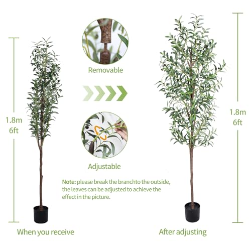 Artificial Olive Tree, 6FT Tall Faux Olive Trees 72in Outdoor Fake Potted Silk Plant with Trunk and Realistic 648 Leaves and 24 Fruits for Modern Office Home Decor Indoor（1pack） - color: 1pack, size: 6ft