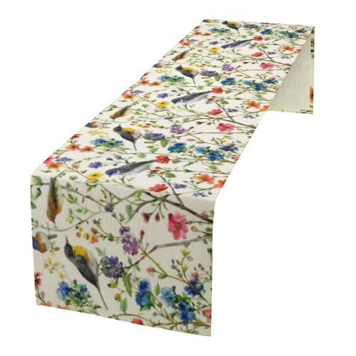 Spring Bird Floral Table Runner,Summer Birds Table Runner Burlap Table Decoration for Seasonal Home Kitchen Dining Dinner Indoor Holiday Farmhouse Decor 13x36 Inch - color: Bird_11, size: 13x36inch