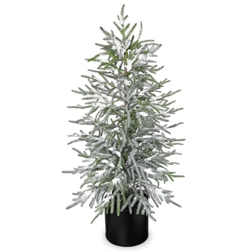 3FT Snow Flocked Artificial Norfolk Pine Tree in Pot, Real Touch Artificial Topiary Tree Small Faux Tabletop Christmas Tree for Front Porch Kitchen Home Indoor Outdoor Decor - style: 3ft Snow-Flocked