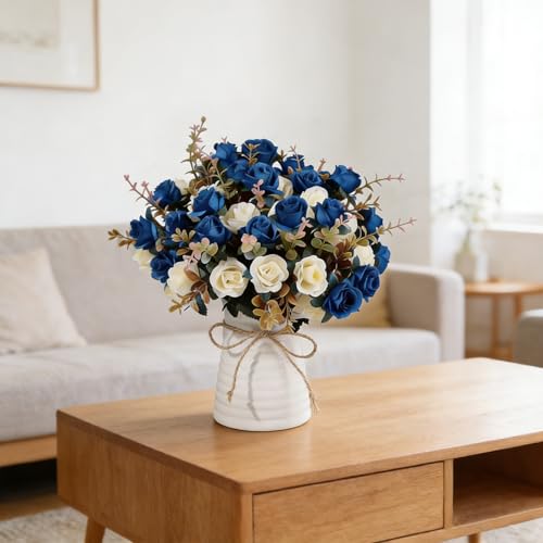 MOOMASS Lifelike Artificial Rose Bouquets and Ceramic vases, Fake Silk Roses, Suitable for Wedding, Dining Table, Office, Party and Home Decoration（Blue） - color: Navy Blue