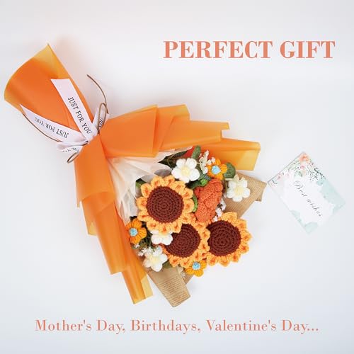 Crochet Flower Bouquet, Handmade Knitted Sunflower Faux Crochet Flowers for Home Decor Valentine’s Day Anniversary Weddings Birthdays Mother’s Day, Includes Gift Bag and Greeting Card (Sunflower) - color: Orange