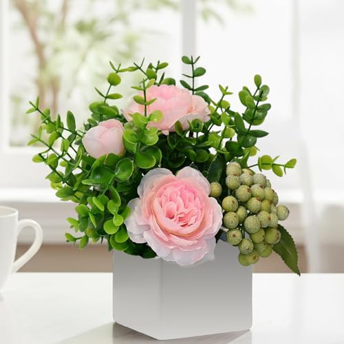 Pink Artificial Rose Eucalyptus Berry Faux Floral Table Home Bathroom Decor | Faux Floral Decor with Eucalyptus Leaves Frosted Green Berries, Small Potted Plant for Office Desk Indoor Home Decorations - color: Pink+green