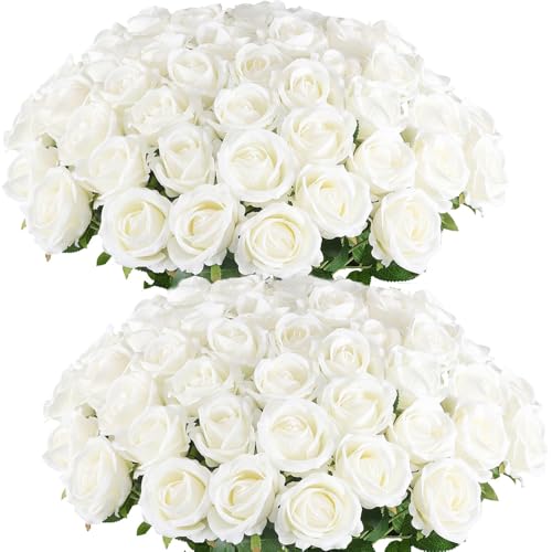 Jasion 50PCS Artificial Roses Realistic Velvet Flowers Long Stem Faux Silk Flower Bouquet for Mother's Day Wedding Home Party Table Centerpieces Decoration (White) - color: White 50pcs