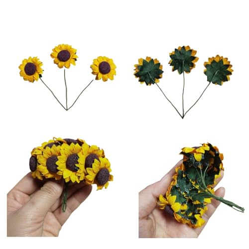 100 pcs Mini Dark Yellow Sunflowers, 1.2" Tiny Fake Flowers with10 yard hemp rope , Miniature Flowers for Crafts, Miniature Flowers for Dollhouse, for Gift Decoration,Dining Table Decoration - color: Dark Yellow Sunflower