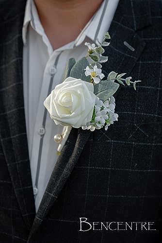 Ivory Boutonniere for Men,Prom boutonnieres, White boutonnere,Groom and Groomsmen Boutonniere for Wedding Ceremony Anniversary, Formal Dinner Party and Grad Night (Set of 6) - color: Ivory, size: set of 6