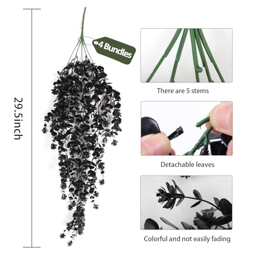 RECUTMS Fake Hanging Eucalyptus Plant 4 Pack Faux Flowers Leaf Greenery Vine Decor Fake Greenery 2.5FT for Indoor Outdoor Halloween Party Fall Room Wall Wedding Patio Porch Decor Black - color: Style3-black