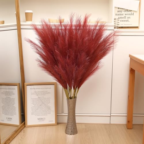 Wertuirk Burgundy Pampas Grass Decor, 8 Pcs 45 Inch Tall Large Faux Pompous Grass, Long Artificial Flowers for Floor Vases, Wedding Centerpieces, Baby Shower and Home Decoration (Burgundy) - color: Burgundy