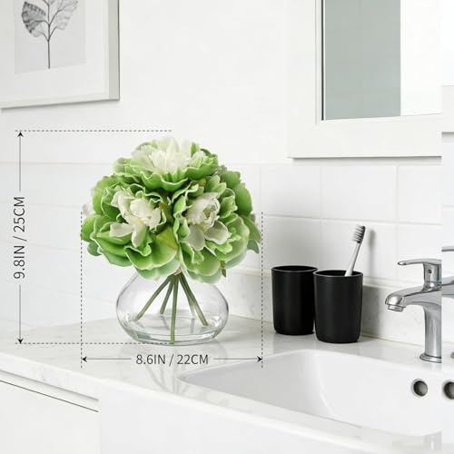 Green Peony Bouquet in Glass Vase - 6 Piece Artificial Flower Arrangement with Faux Water for Wedding & Home Centerpieces - color: Peony Flowers, size: Green