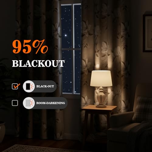 MYSKY HOME Floral Short Blackout Curtains 45 Inches Long 2 Panels Set Black Out Thermal Insulated Privacy Protect Energy Efficient Boho Spring Flower Print for Living/Dining Room, 52" W, Khaki - color: Khaki, size: 52"W x 45"L (Pack of 2)