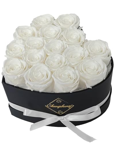 Changshunqi 16 Flowers Forever Preserved Roses in Box, Preserved Flowers Womens Birthday Gifts for Women Mothers White Rose Gift for Her Romantic Eternal Rose for Women Mom Friends - color: Pure White