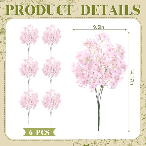 6 Pcs Artificial Cherry Blossoms 14 Inches Fake Silk Pink Sakura Peach Flowers for Vase, Spring Realistic Faux Flowers for Women Gifts, Home Table Decor Wedding Bouquet Centerpieces
