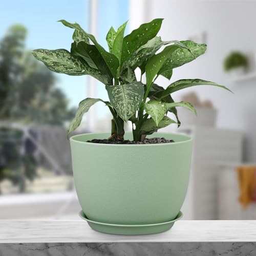 Meowell 12 inch Big Plant Pots, Plastic Planters with Drainage Holes and Trays, Flower Pots for Indoor Outdoor Plants, Modern Decorative Pots for Garden House Plants, Green - color: Green, size: 12inch C