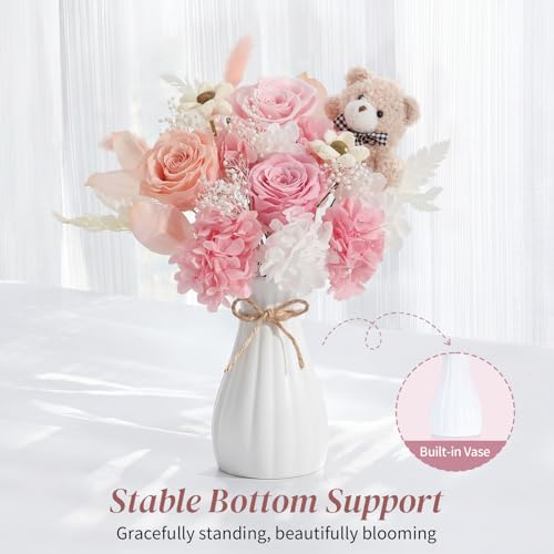 Lewondr Preserved Flowers Bouquet with Bear, 3 Real Forever Flowers for Delivery, Long-Lasting Pink Eteranl Roses Bouquet, Anniversary Birthday Gifts for Girlfriend Best Friend Women Mom Her Wife - color: Dusty Pink